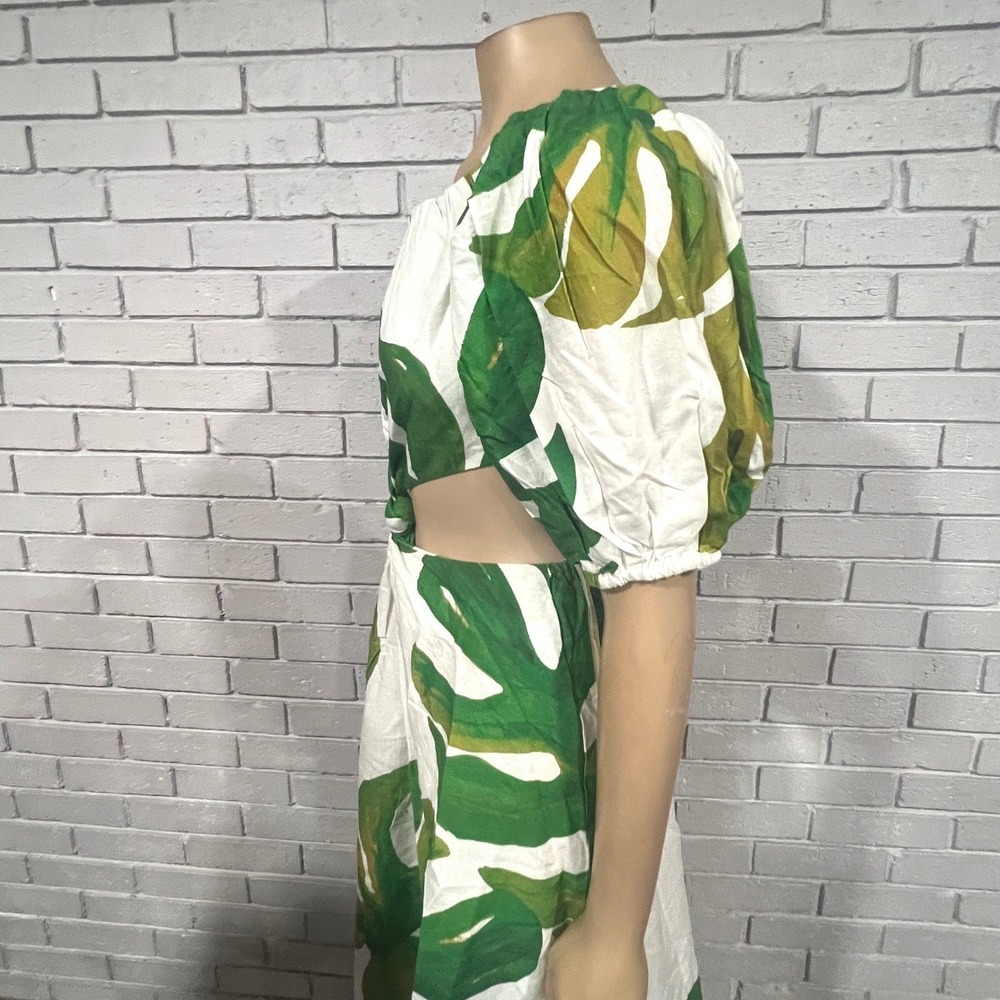 Farm Rio Linen Blend Monstera Midi Dress Tropical Resort Vacation | Size M - Picture 4 of 12